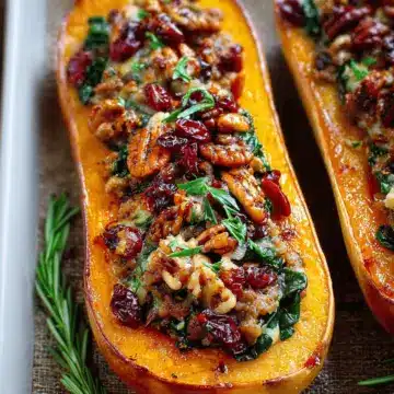 Sausage Stuffed Butternut Squash with Spinach, Pecans, and Cranberries