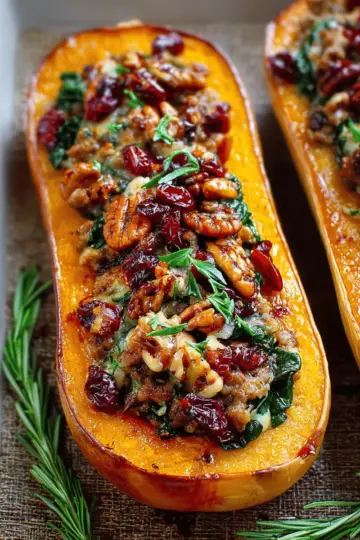 Sausage Stuffed Butternut Squash with Spinach, Pecans, and Cranberries