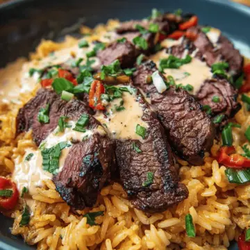 Creamy Queso Rice with Juicy Steak Strips