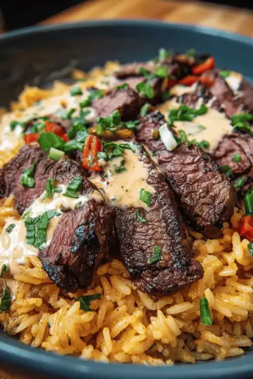 Creamy Queso Rice with Juicy Steak Strips