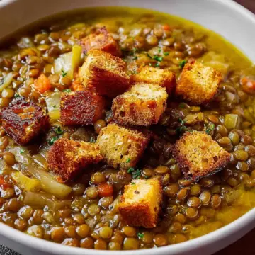 Lentil Potato Soup with Homemade Croutons