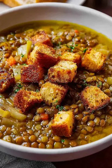 Lentil Potato Soup with Homemade Croutons