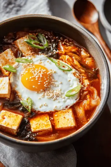 Kimchi-Tofu Soup with Sesame & Egg
