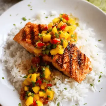 Grilled Salmon with Mango Salsa & Coconut Rice.