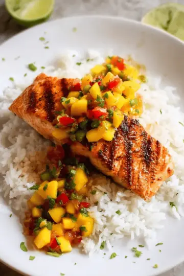 Grilled Salmon with Mango Salsa & Coconut Rice.