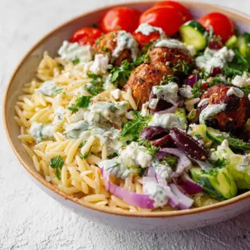 Vegan Greek Bowls with Cashew Tzatziki and Orzo