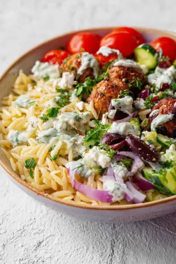 Vegan Greek Bowls with Cashew Tzatziki and Orzo