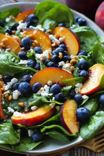 Summer Peach Salad with Spinach, Blueberries, and Feta Cheese