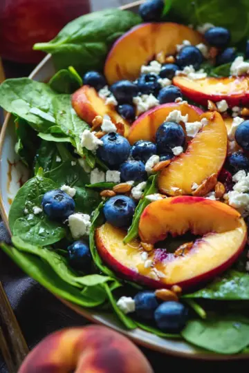 Summer Peach Salad with Spinach, Blueberries, and Feta Cheese