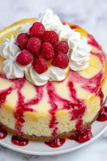 Creamy, Tangy Lemon Cheesecake with a Vibrant Raspberry Ripple